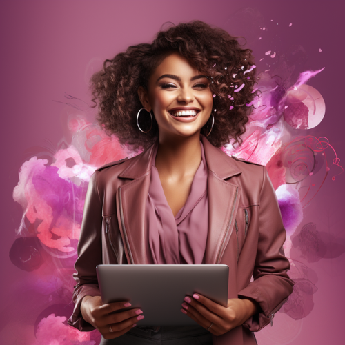 A young african american woman with curly hair holding a tablet computer.