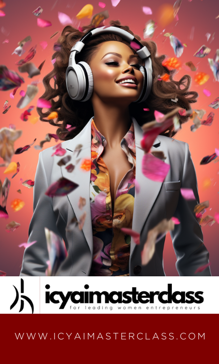 A woman wearing headphones and confetti in the background.