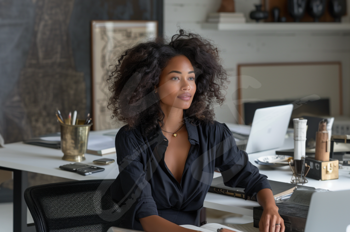 A black woman sitting at a desk with a laptop.