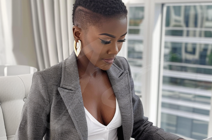 A young african american woman using a laptop in an office.