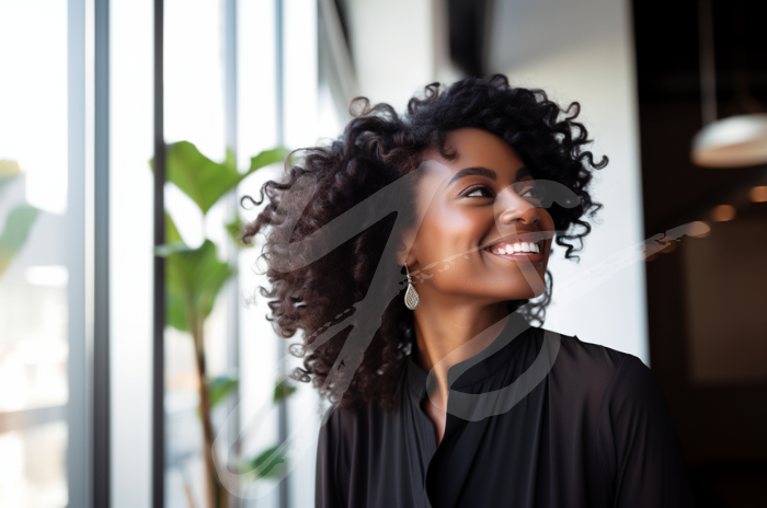 A joyful woman with curly hair, wearing earrings and a black blouse, laughing and looking away near a window in a sunlit room.