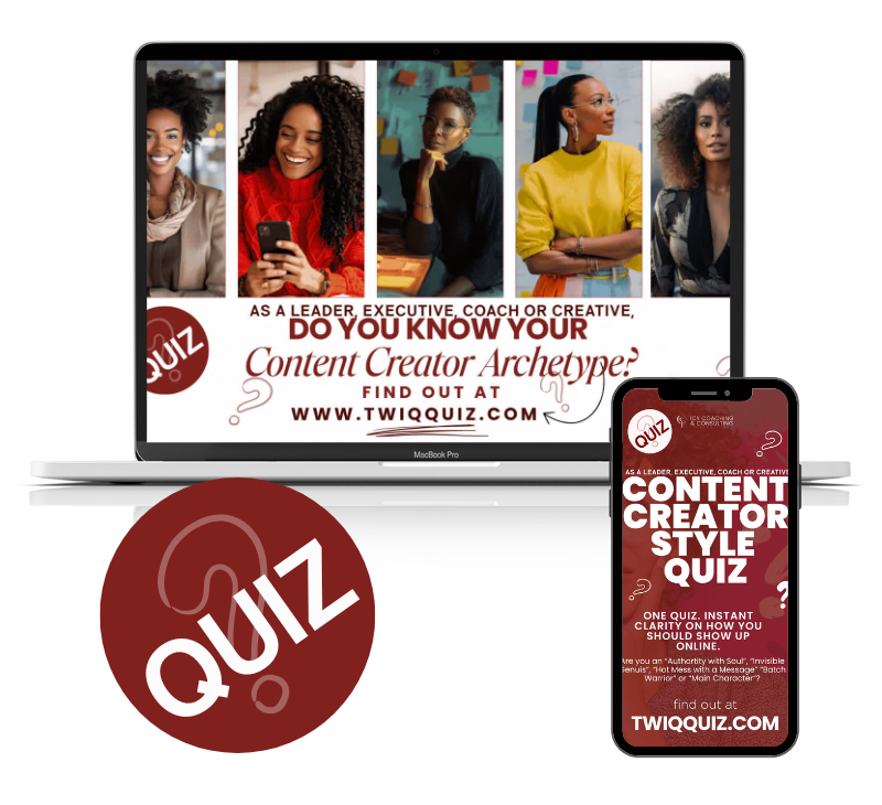 A laptop and smartphone display a "Content Creator Style Quiz" ad, featuring diverse women and a website link, with a circular "QUIZ" graphic.